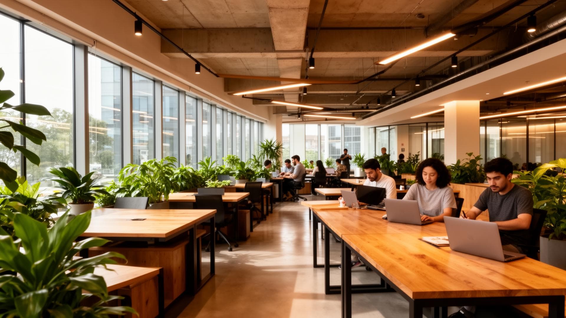 Modern coworking workspace with natural light and greenery